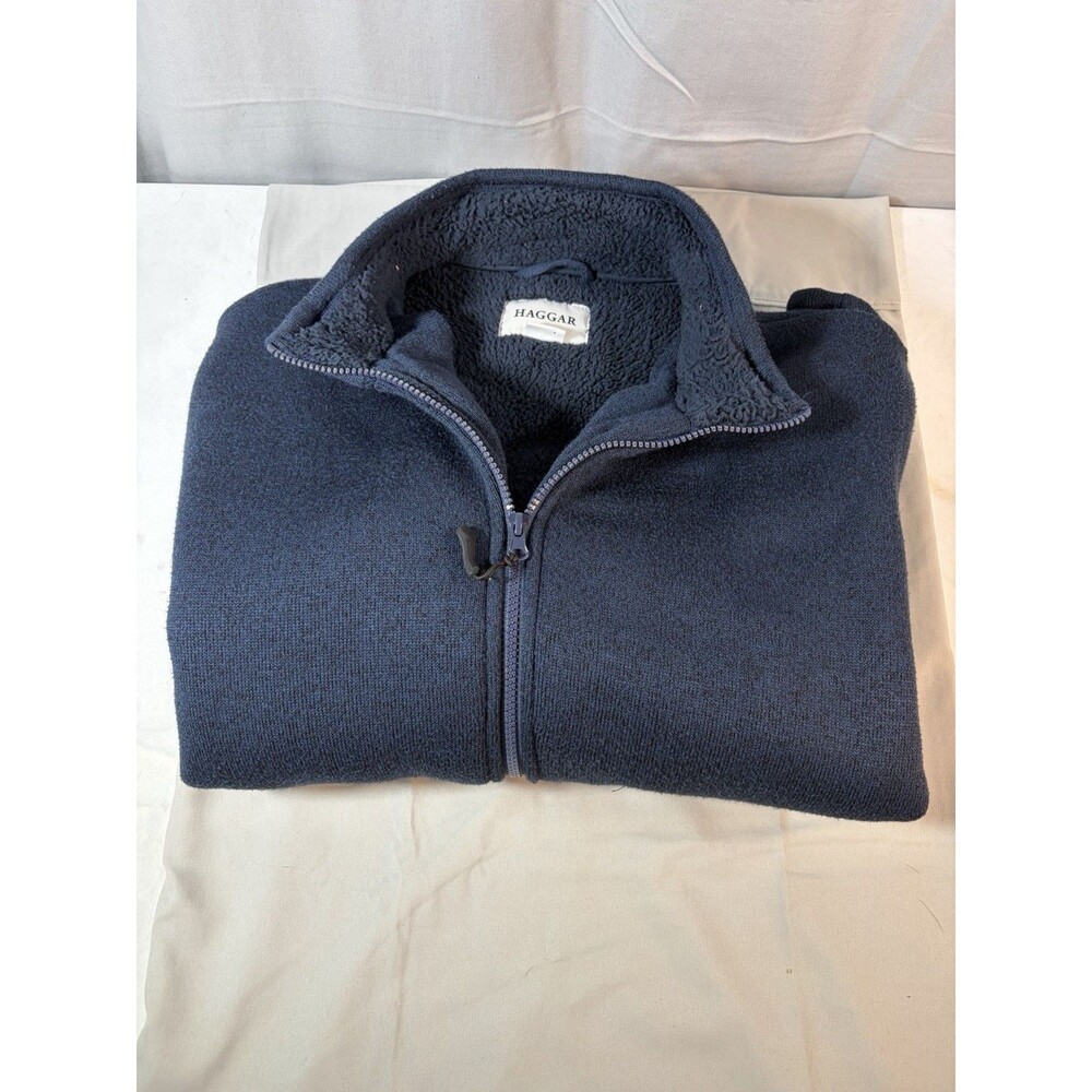 Haggar Men’s 2XL Heavy Full Zip Sweater Solid Knit Navy Blue EUC